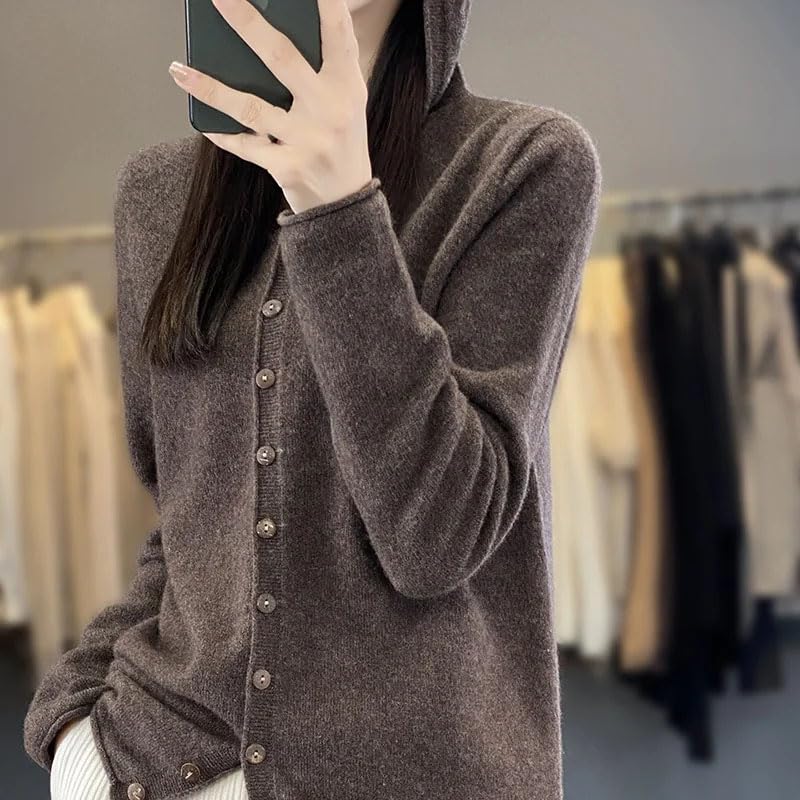 Maglione da donna in lana con cappuccio, tinta unita, a maniche lunghe, lavorato a maglia
