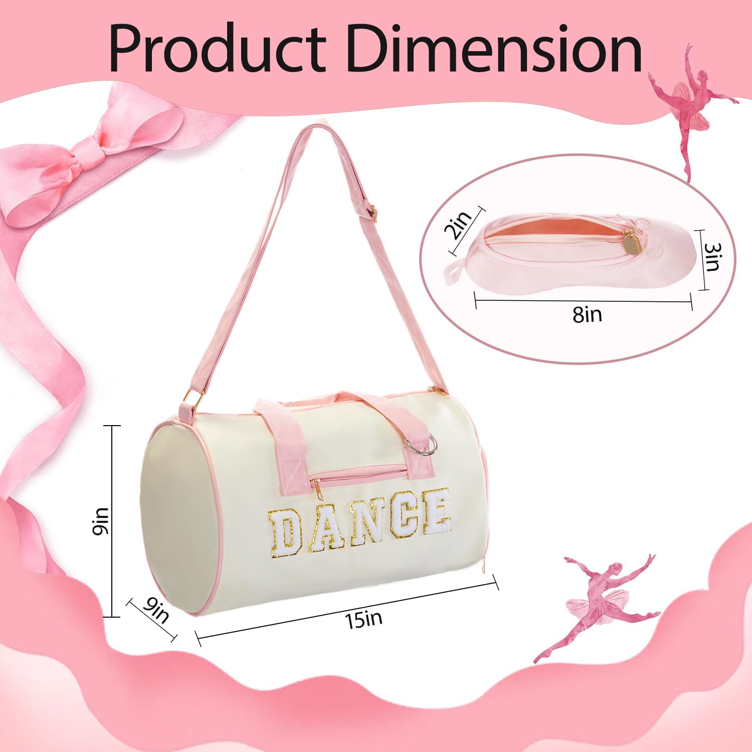Geetery 2 Pcs Dance Ballet Bag and Ballet Shoe Makeup Bag for Girls, Waterproof Travel Duffel with Chenille Letter, Ballerina Dancer Gifts for Sport Gym Athletes Travel