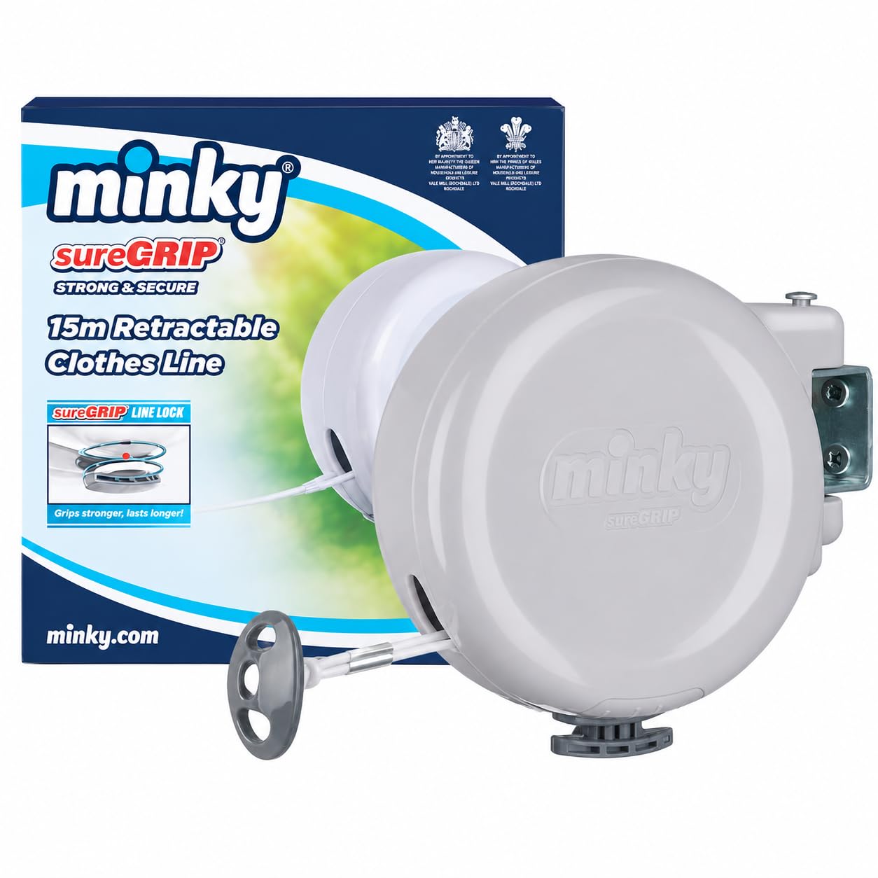Minky SureGrip 15m Retractable Clothes Line – Wall Mounted Pull Out Washing Line with Secure Lock System – Indoor & Outdoor Laundry Drying Solution for Home, Garden & Balcony