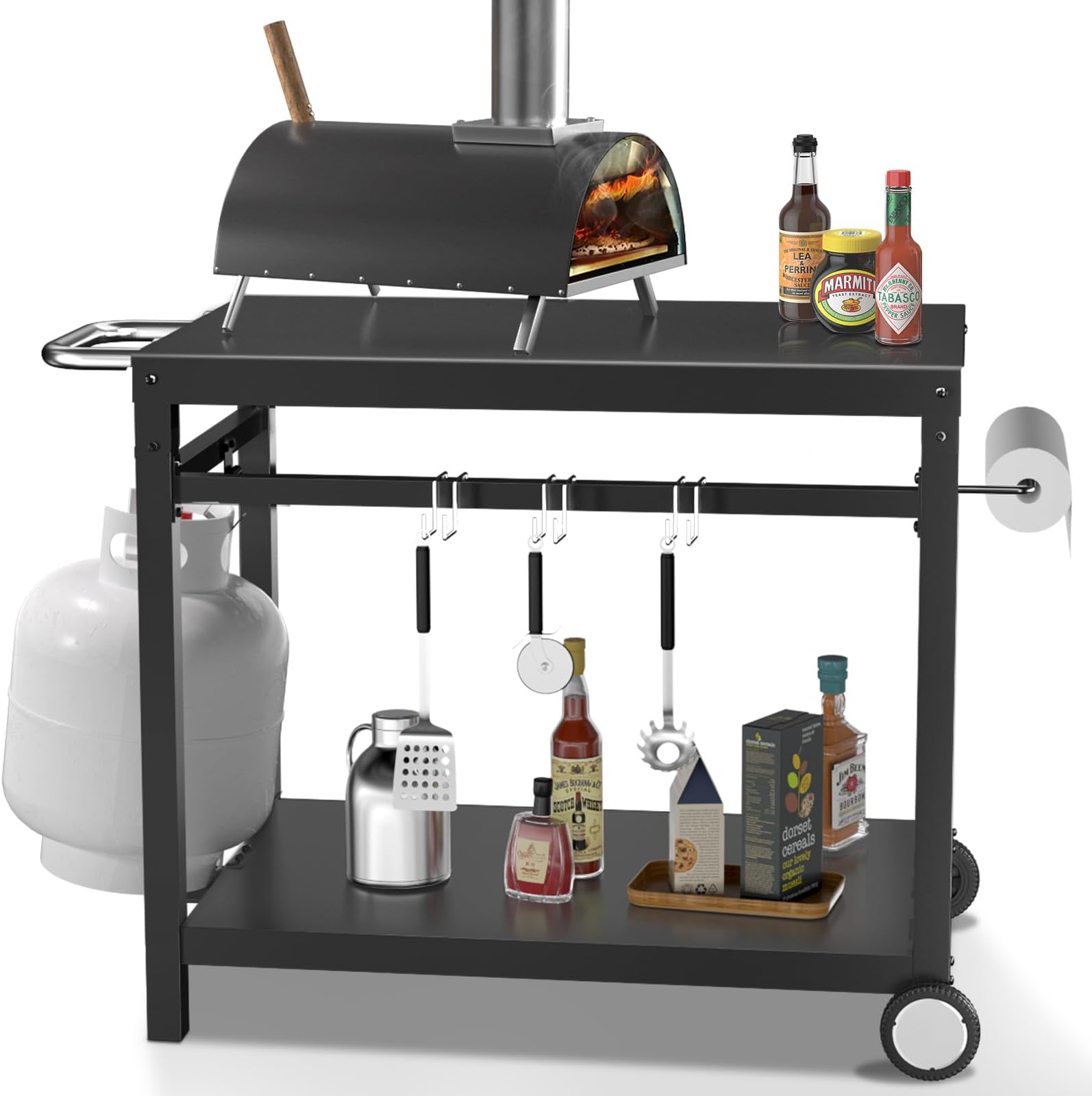 Portable Outdoor Grill Cart, Pizza Oven Table Stand, BBQ Food Prep Carts for Outside Garden Kitchen, Foldable Dining Cart Trolley for Blackstone Griddle, Ninja Woodfire, Pit Boss Tabletop Grills