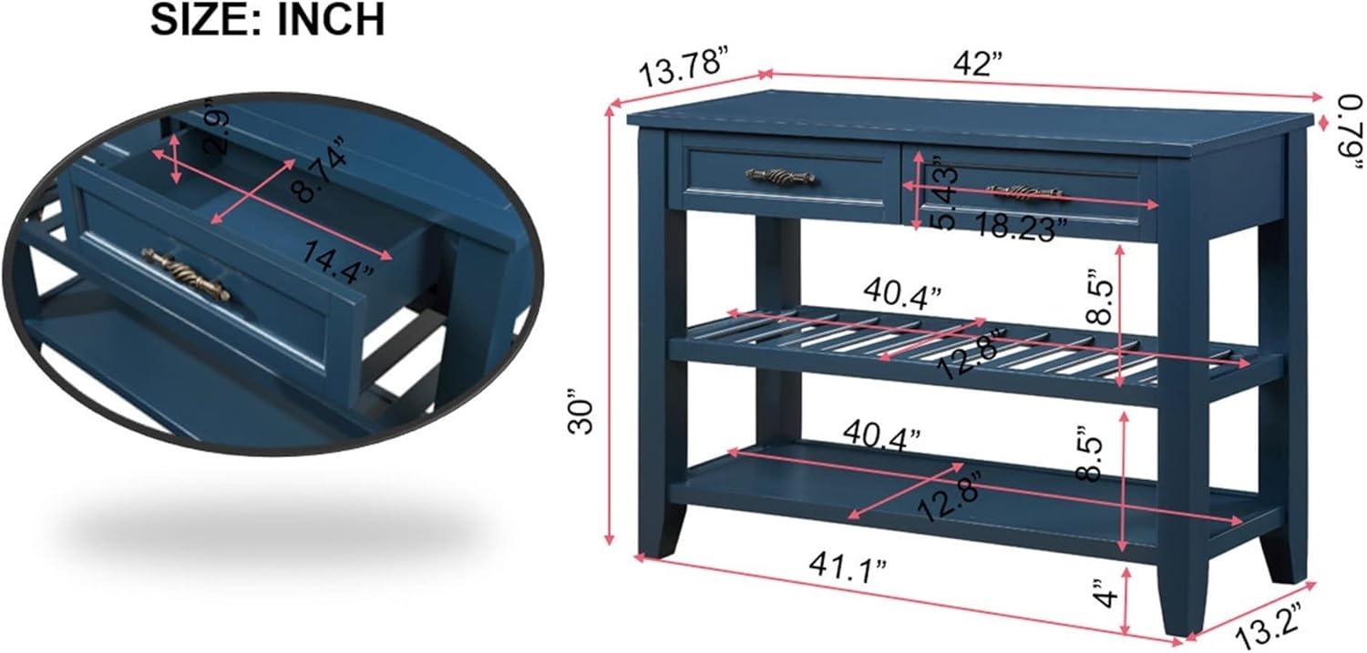 Diagram showing the dimensions of the LKTART Console Table, including length, width, height, and drawer/shelf measurements.