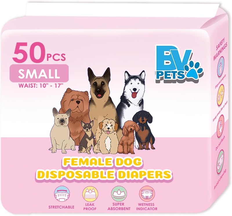 Pañales desechables para perros Pets - Súper absorbentes, a prueba de fugas, indicador de humedad - Pequeño (cintura: 10" - 17"), 50 unidades