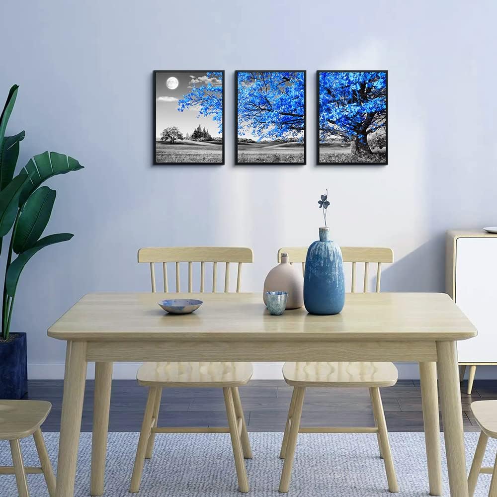 Black Framed Wall Art for Living Room & Bedroom - Blue Tree Wall Paintings, Modern Home Decor - 12"X16" Set of 3 Piece Framed Art Prints