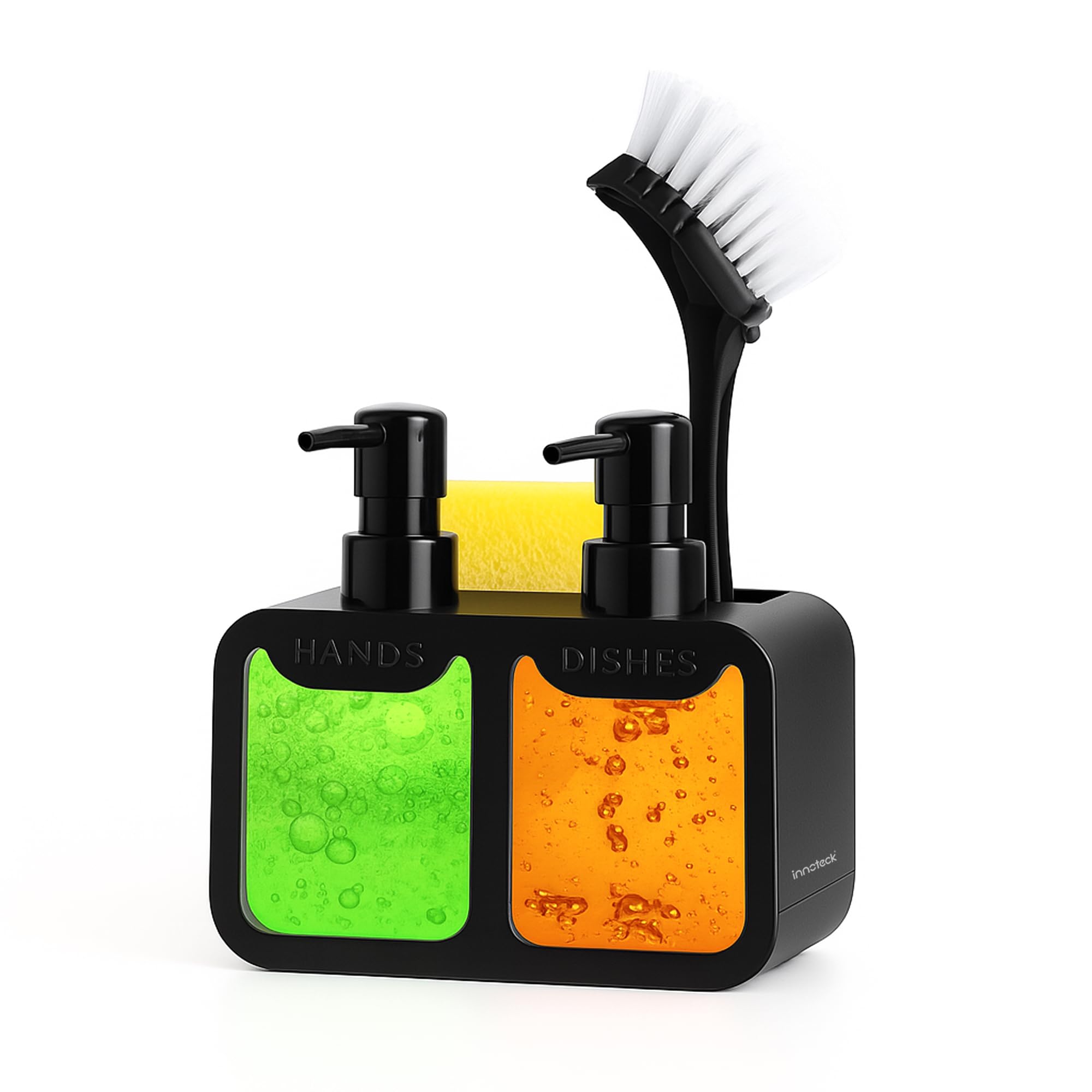 Innoteck Black Sink Organiser Set – Dual Soap Dispenser With Built-In Sponge Holder, Storage Rack, Non-Slip Feet & Removable Drip Tray – Includes Funnel (350Ml + 350Ml Capacity)