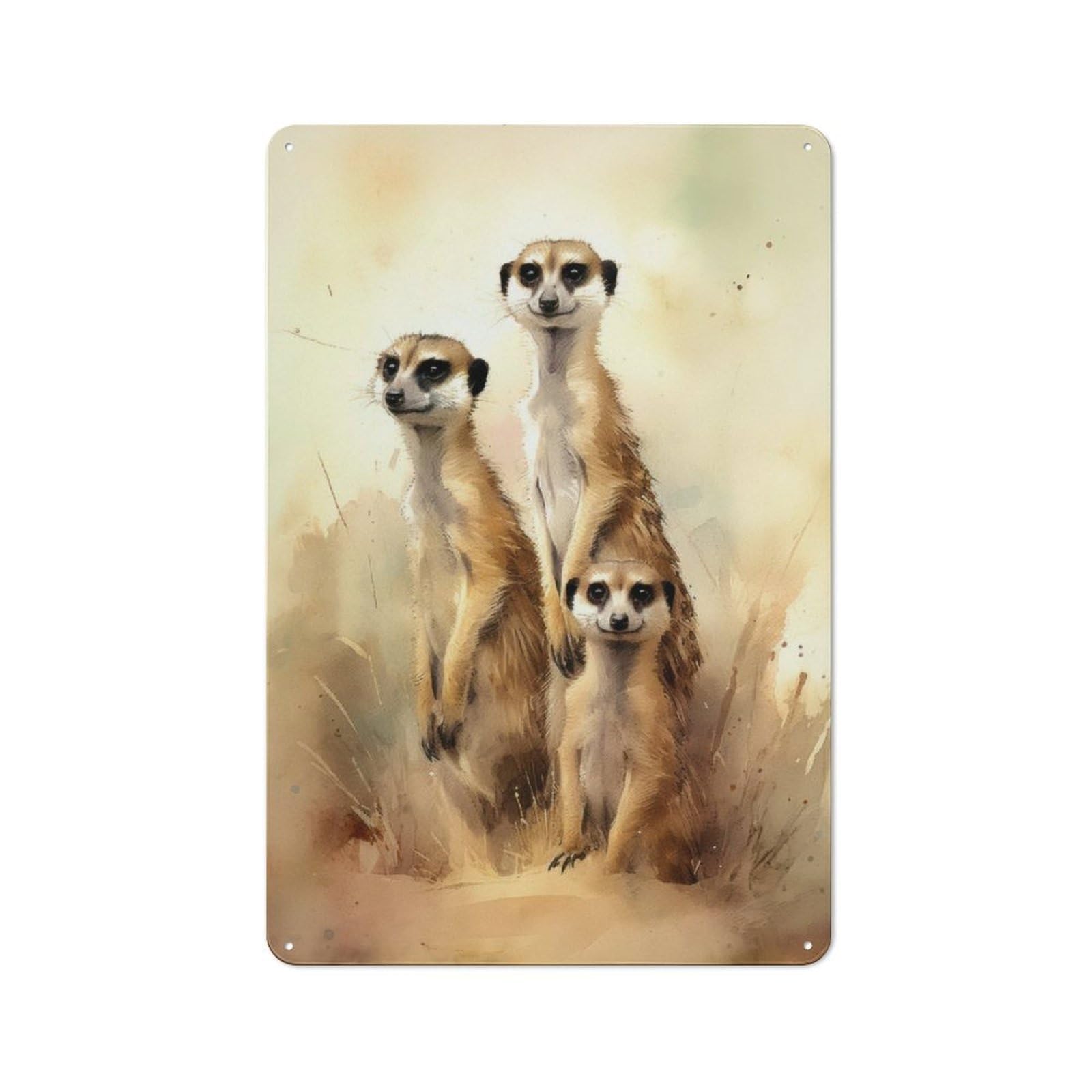 Retro Metal Wall Sign 30x20cm with Three Meerkat Watercolor for Hallway Wall, Gift for Wall Display Collectors during The Christmas Season