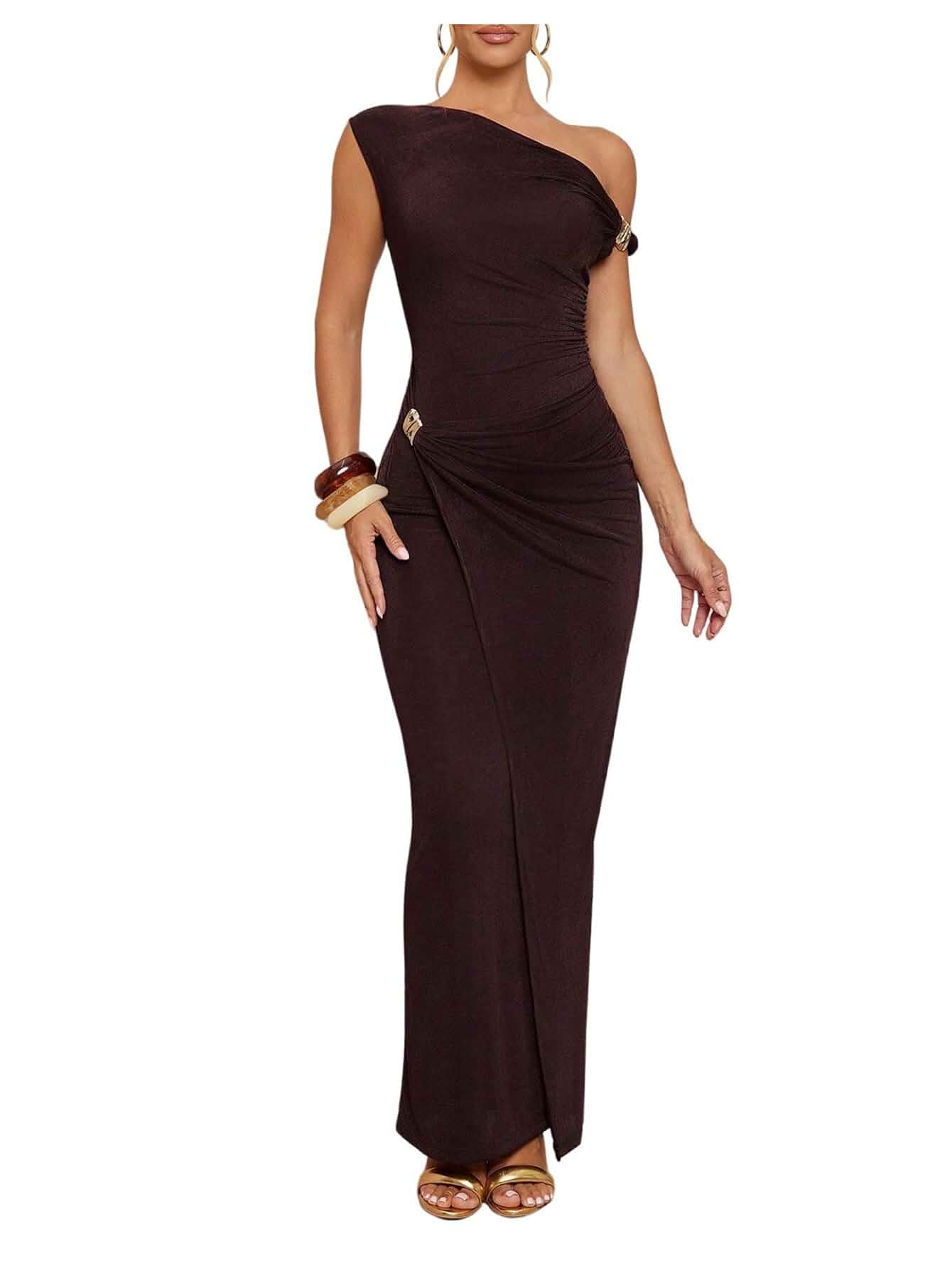 Floerns Women's Off The Shoulder Maxi Dress Bodycon Sleeveless Ruched Wedding Guest Dresses Sleeveless