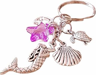 Handmade Personalised Mermaid with Initial Turtle Shell Charms and Transparent Starfish Keyring Keychain Bag Charm