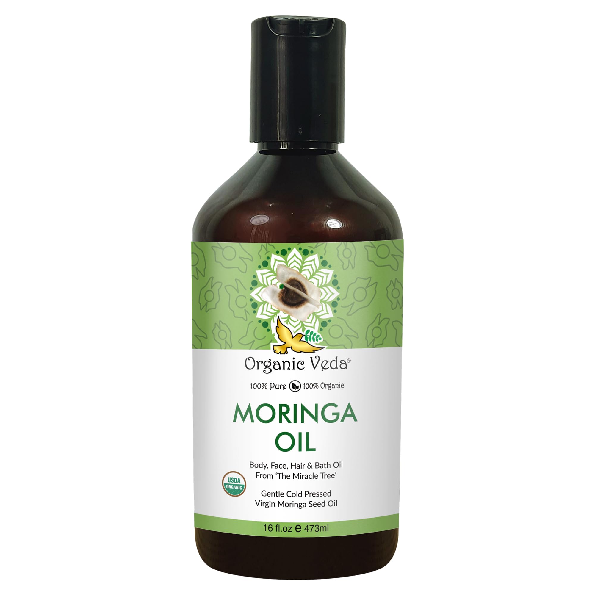 Organic VedaMoringa Oil Virgin 100% Pure & USDA Organic - Multi Purpose, Face, Hair & Skin, Nails, Fast Absorbing, Moisturizing & Beautifying - The Miracle Tree Moringa Oleifera Seed Oil, 16 fl.ozUSDA Organic