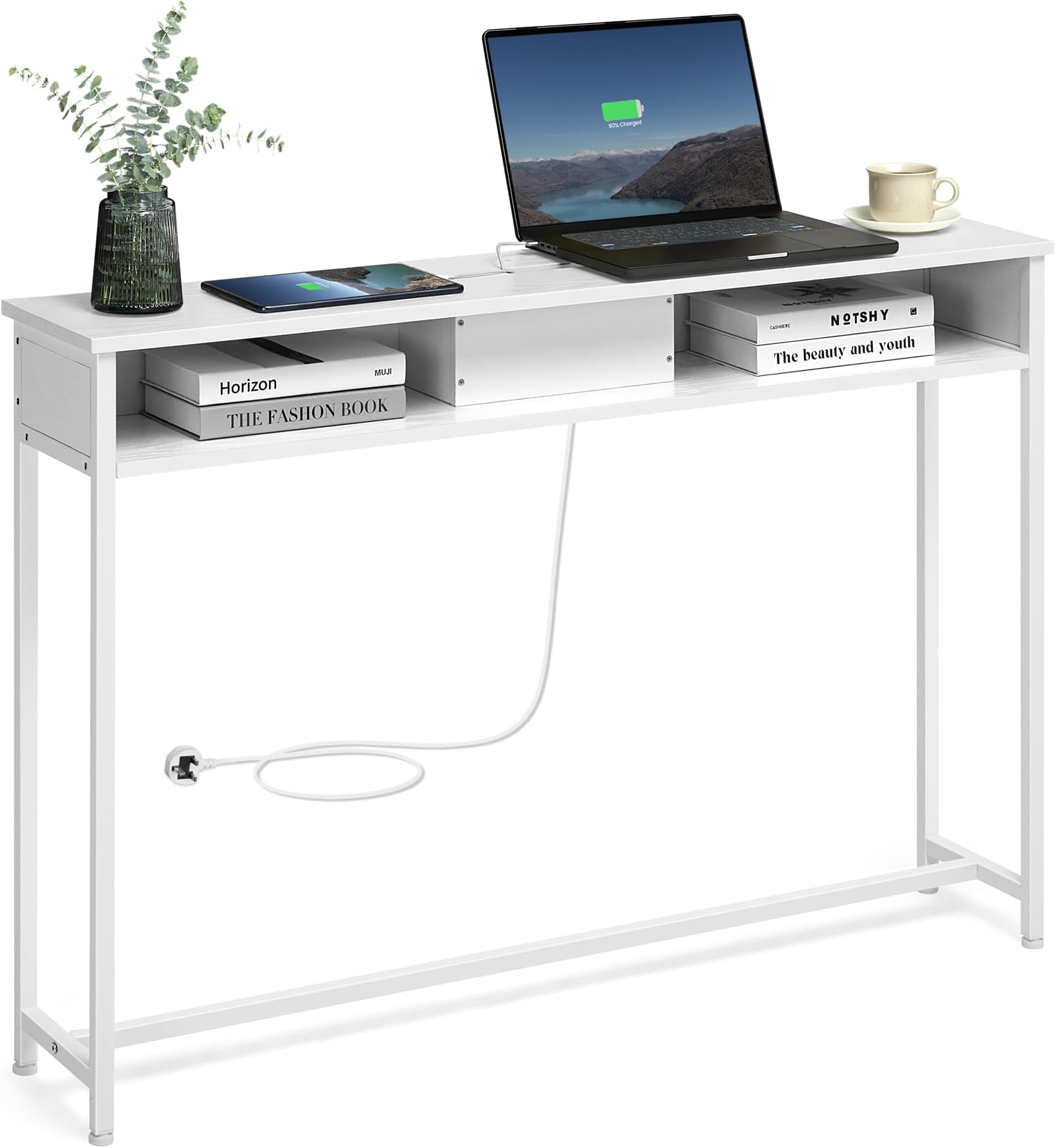 VASAGLE Console Table With Charging Station, Slim Console Table for Hallway, Narrow Table With 2 Compartments, Space-Saving, 25 x 120 x 81 cm, for Living Room, Snow White LNT111W02