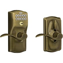 Schlage Camelot Keypad Lock with Lever Handle, Electronic Keyless Door Entry, Flex Lock AutoLock Option, Antique Brass, FE595 CAM 609 ACC
