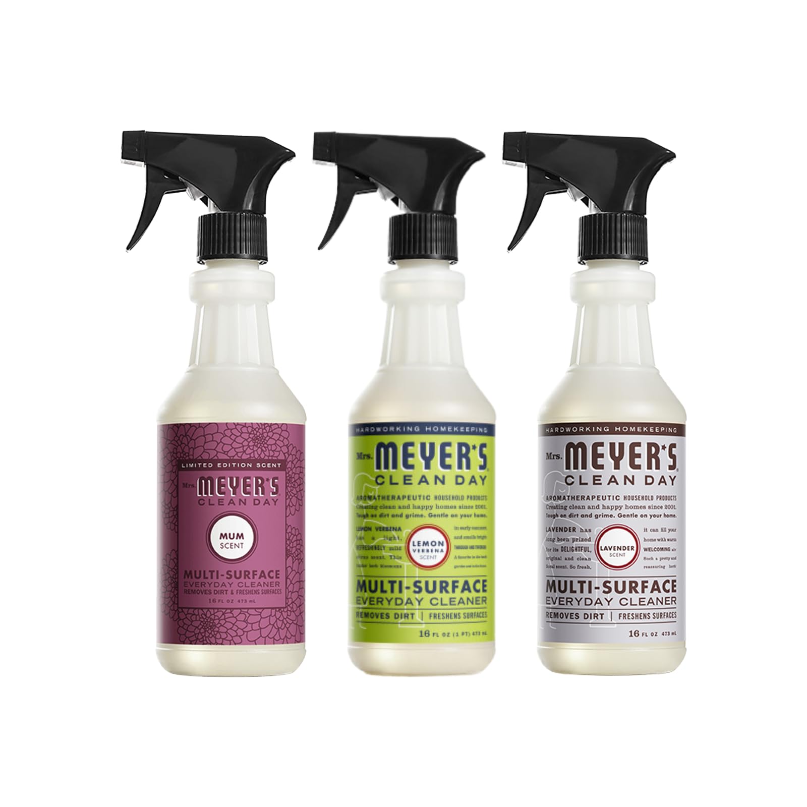 Mrs. MEYER'S CLEAN DAY Multi-Surface Cleaner 3 Pack Variety Pack, Mum, Lemon Verbena, Lavender, 16 Fl Oz Each, 1 CT