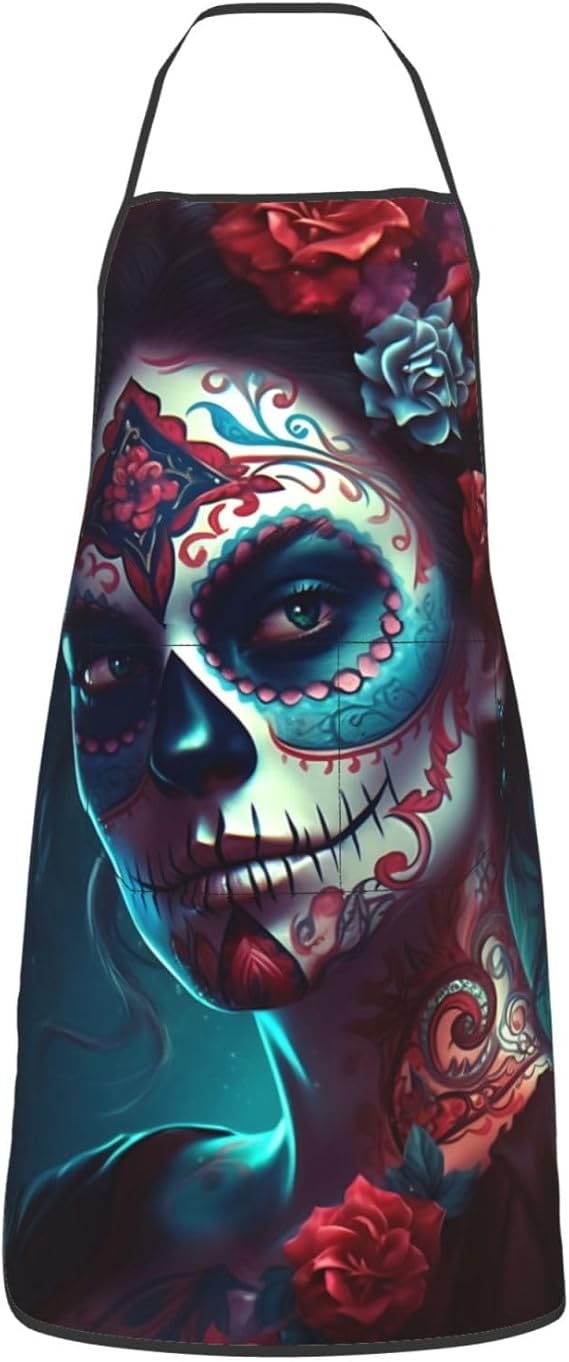 Mexican Apron Sugar Skull Aprons With Pockets Waterproof Kitchen Apron Women Men For Chef Bbq Cooking