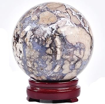 JIC Gem Large Blue Cherry Blossom Agate Crystal Ball with Stand Crystal Sphere Natural Sakura Flower Agate Stone Reiki Healing Meditation Witchcraft Home Decor 3.5-4 inch90-100mm