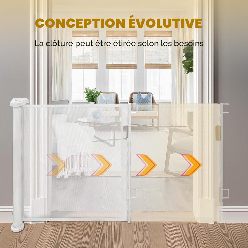 Barrière de Sécurité Rétractable Escalier pour Bébés, Enfant et Chiens, 0-150 cm de Large, Barriere de Securite Enroulable pour Escaliers, Couloirs, Intérieurs et Extérieurs (Blanc, 86*150cm)