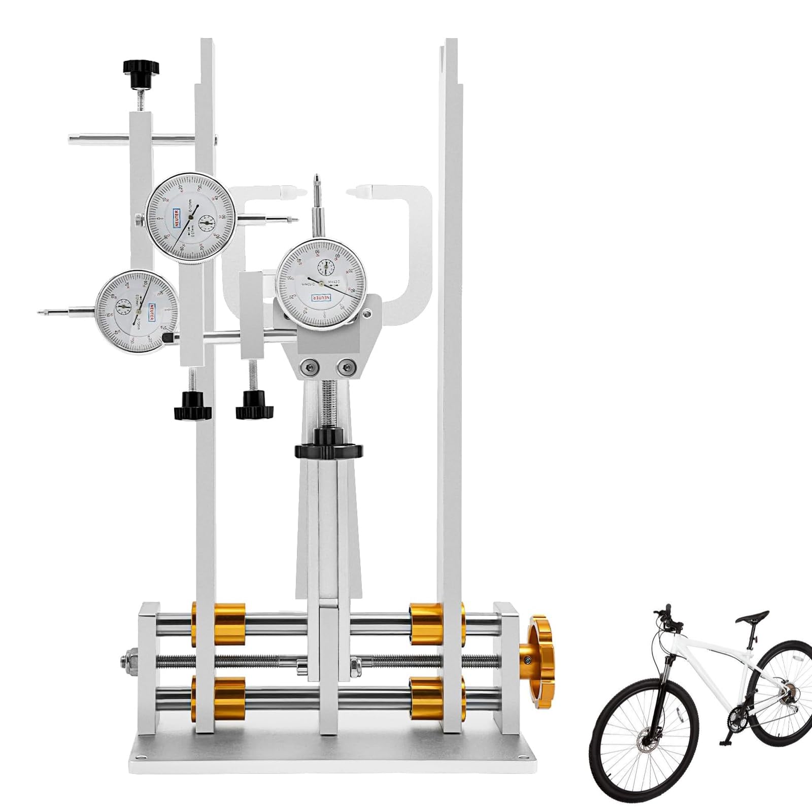 Soporte de rueda de bicicleta, herramienta de reparación de llantas resistente con 3 medidores de esfera, soporte de reparación de bicicleta de aleación de aluminio de ancho ajustable para el hogar y