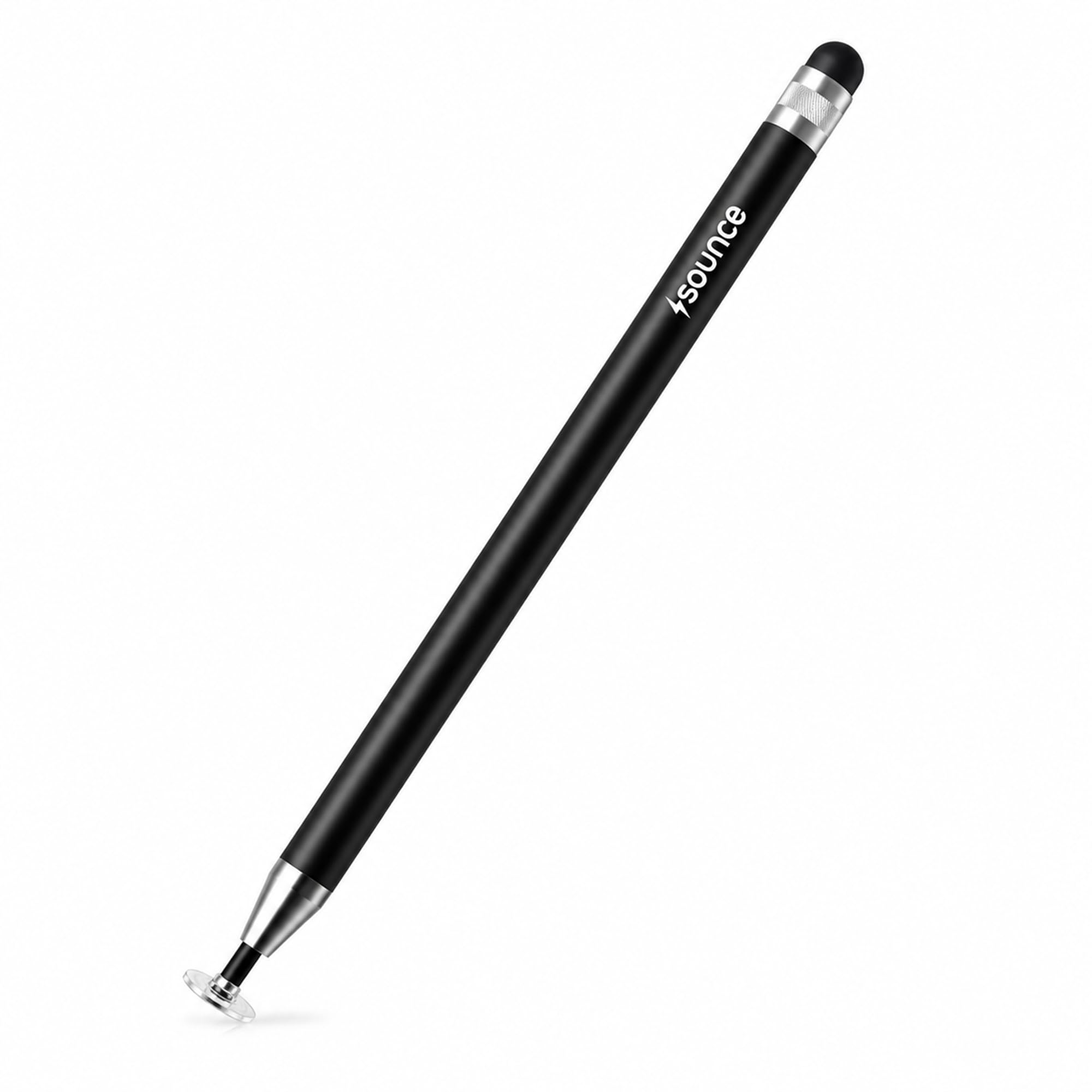 sounce 2-in-1 universal stylus pen for touch screen devices, disc & fiber tip, lightweight aluminium body for ipad, iphone, android tablets & smartphones (black)
