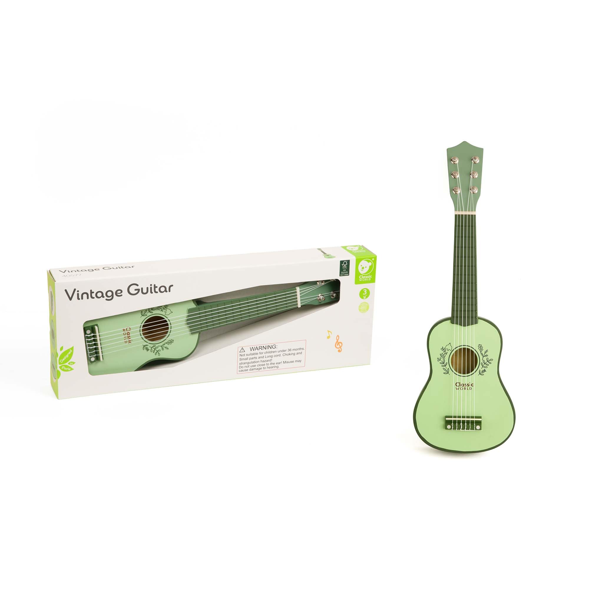 Classic World Chitarra vintage - Giocattolo educativo per bambini e regalo musicale educativo per bambini dai 3 anni in su, leggera 17,3 x 6 x 53,2 cm, mini chitarra per principianti per bambini