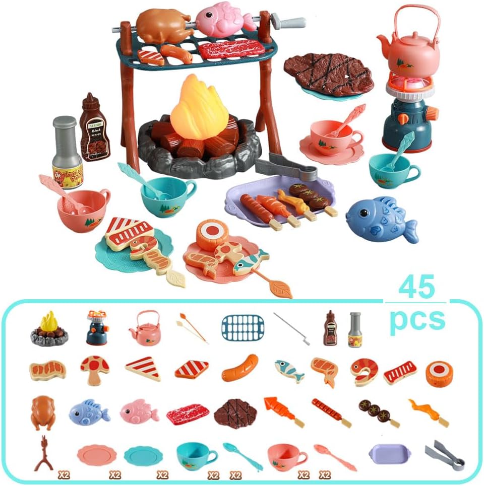Pretend Play Campfire Toy Set with 45pcs Realistic BBQ Accessories,Fake Grill Foods,Tea Pots etc,Simulate Functional Lights&Sounds,Educational Outdoor Camping Toys Indoor&Outdoor for Kids Ages 3+