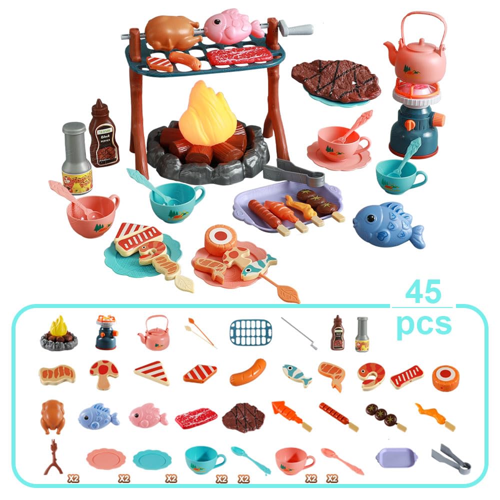 Set da Gioco per Falò con 45 Accessori Realistici per Barbecue Cibi Finti alla Griglia Teiere ecc con Luci e Suoni Simulati Giocattolo Educativo per Campeggio all'Aperto per Bambini dai 3+ Anni