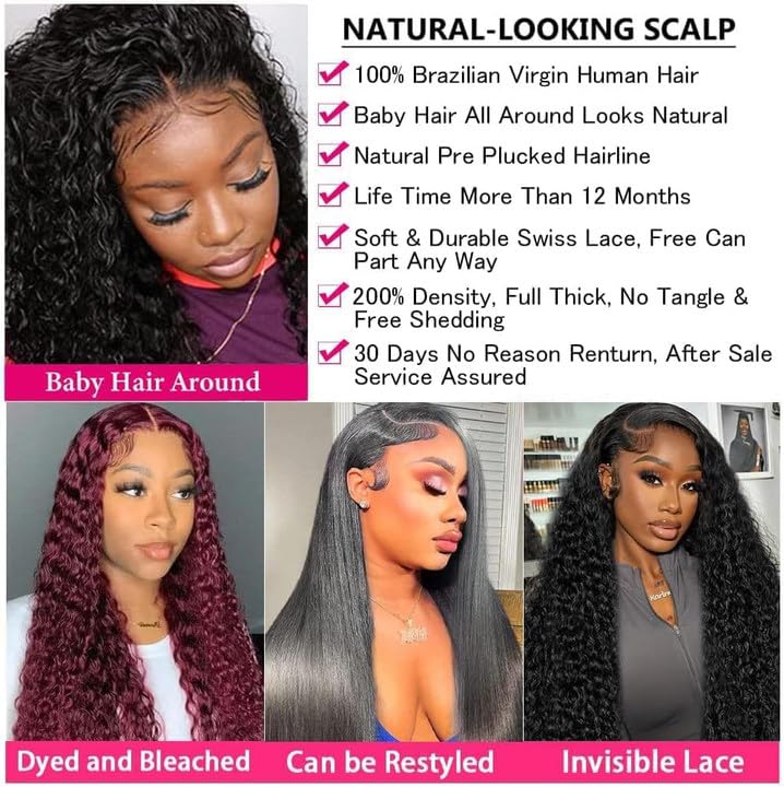Oxeyegirl 16 Inch 200 Density 13x4 HD Lace Frontal Wig Water Wave Human Hair Wig for Black Women Glueless Curly Wig Human Hair Pre Plucked with Baby Hair Natural Hairline Brazilian Real Hair Wig(41cm) - Image 3