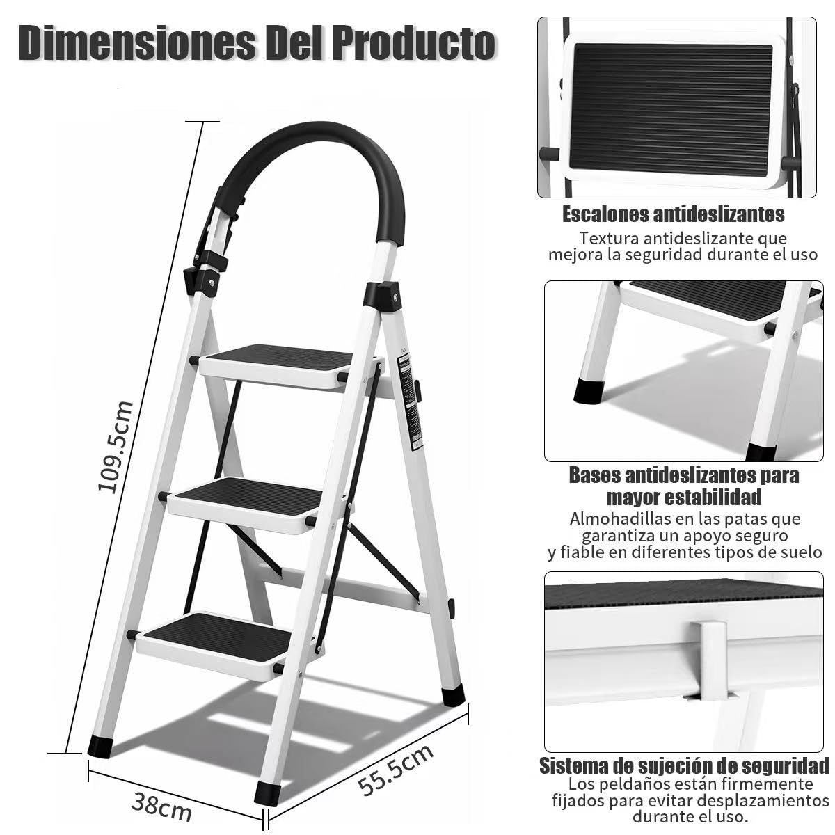 Escalera Plegable 3 peldaños con pasamanos y con Pedal Antideslizante | Taburete Multifuncional con Superficie | Escaleras Plegables Domésticas | Step Ladder para Hogar (3 escalones)