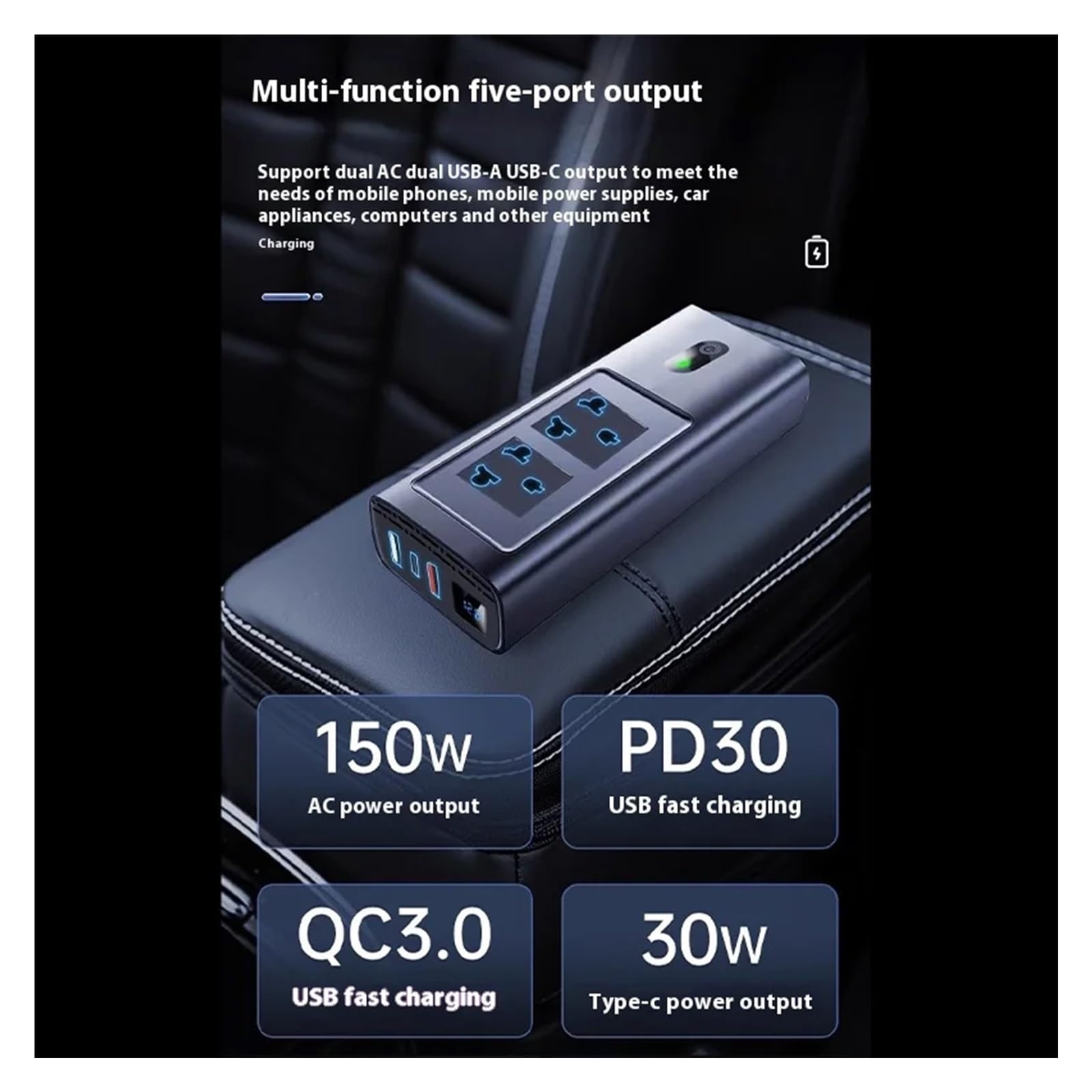 Inwertery, 150W Inwerter samochodowy USB typu C 30W DC 12V do AC Auto Power Invertor Szybkie ładowanie do zasilacza samochodowego