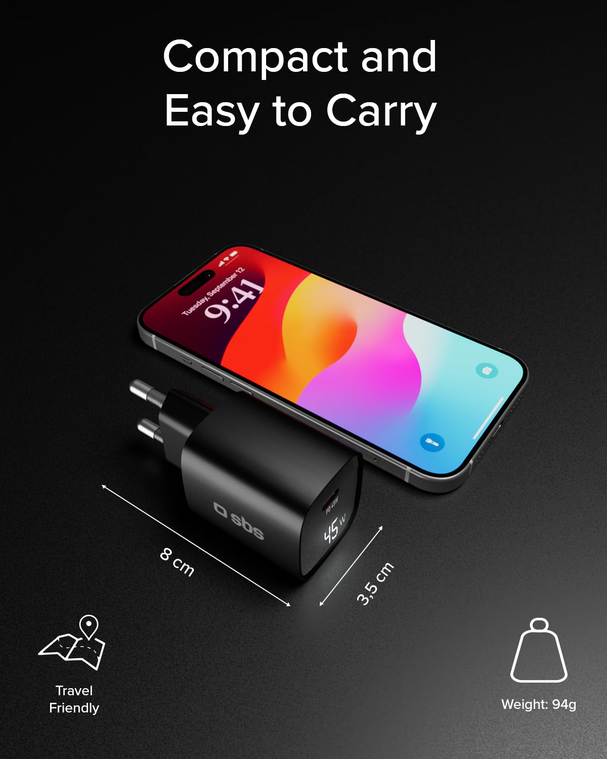 SBS Zasilacz LCD USB-C 45W, GaN Technology, Power Delivery (PD 3.0 PPS), Szybkie ładowanie, Wyświetlacz LCD, ładowarka do iPhone, iPad, AirPods, MacBook, Notebooka, Android, Tabletu, Czarny