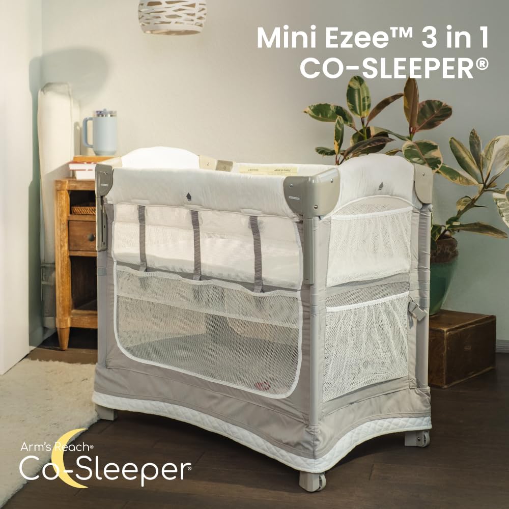 Arm’s Reach Mini Ezee 3 in 1 Co-Sleeper Folding Bedside Bassinet and Play Yard Featuring Breathable Mesh Sides with Side Pockets for Storage and 4-Inch Sleeping Nest Height