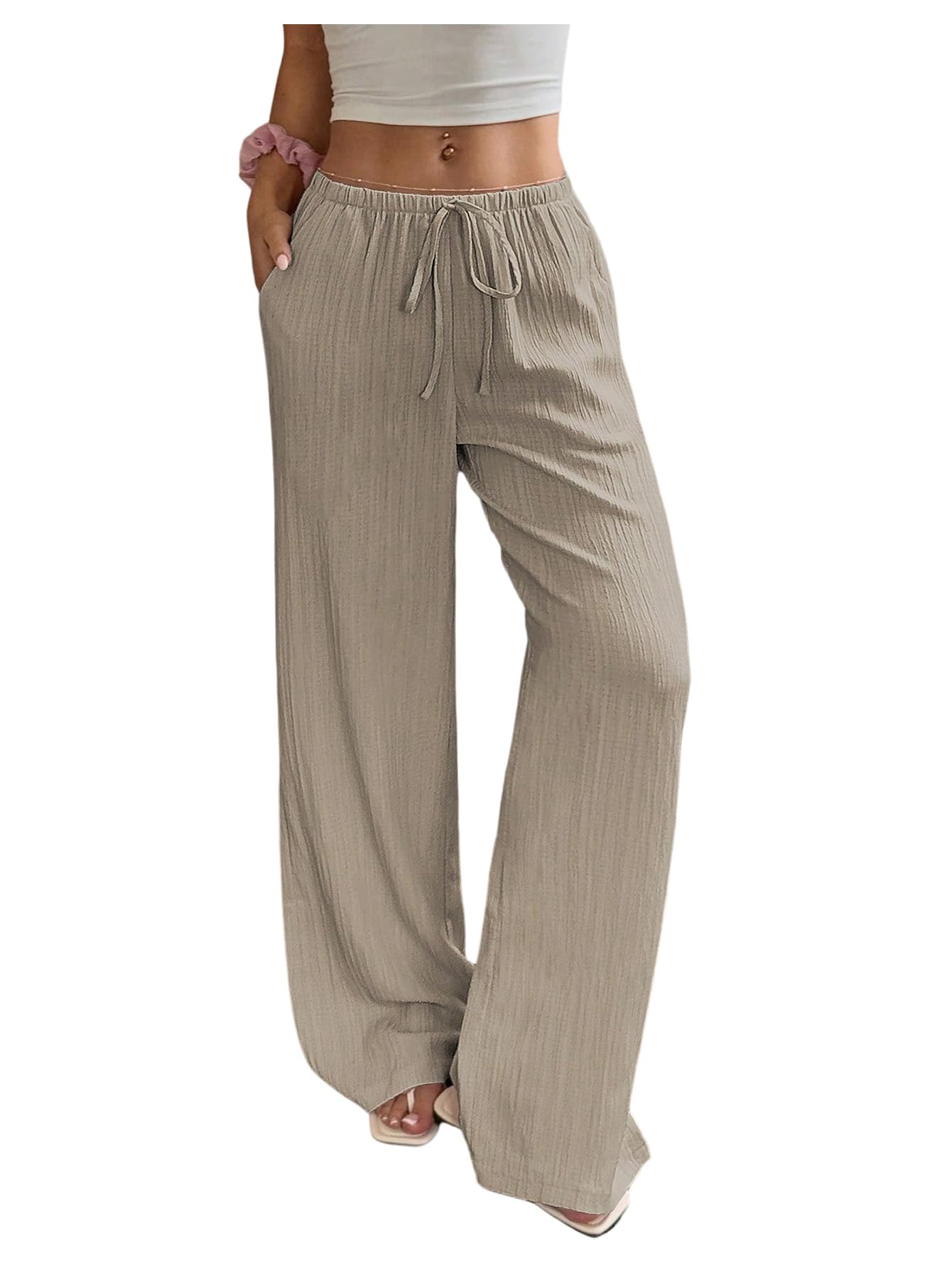 OYOANGLE Womens Textured Straight Leg Pants Drawstring Waist Casual Lounge Trousers with Pocket