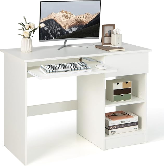 COSTWAY Computer Desk, Wooden PC Laptop Table Writing Workstation with Sliding Keyboard Tray, Drawer and Adjustable Storage Shelf, Modern Home Office Working Gaming Study Desk, White