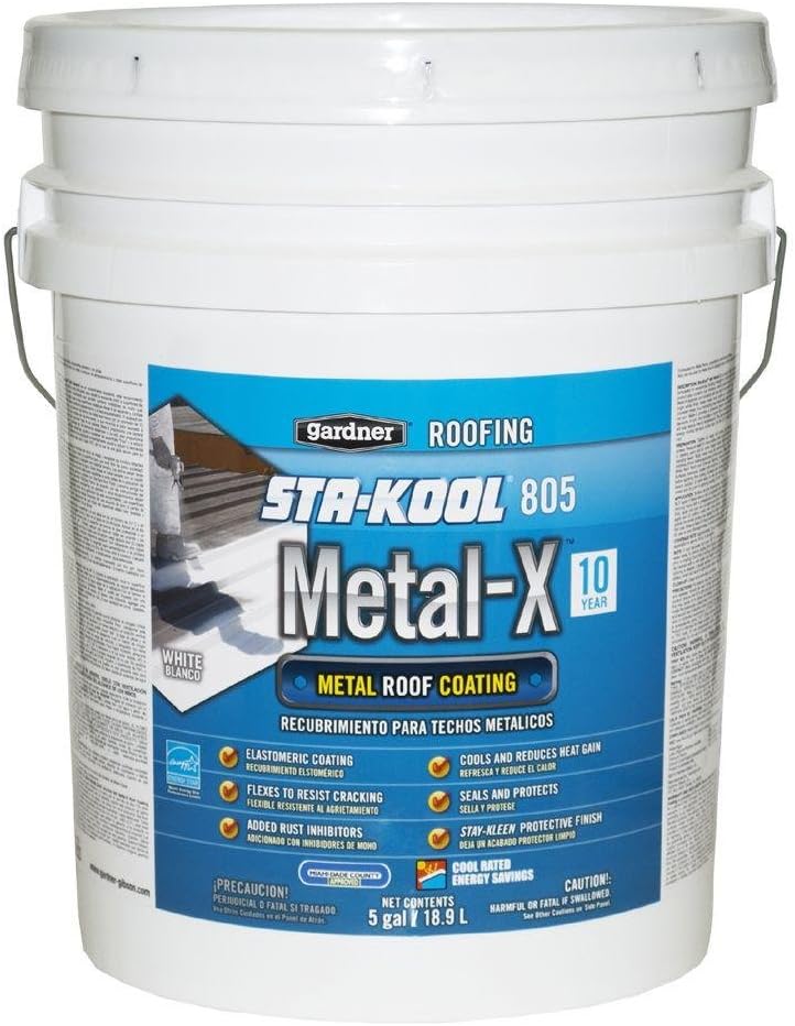 Gardner-Gibson Sta-Kool Metal-X, 5 Gal., Elastomeric Roof Coating Ideal for Metal Roofs, Formulated with Rust Inhibitors, Easy to Apply, Heat Reflective Paint