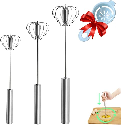Batidor semiautomático, batidor de huevos de acero inoxidable, batidor giratorio de mano para hacer crema, batir, batir y revolver... (10+12+14