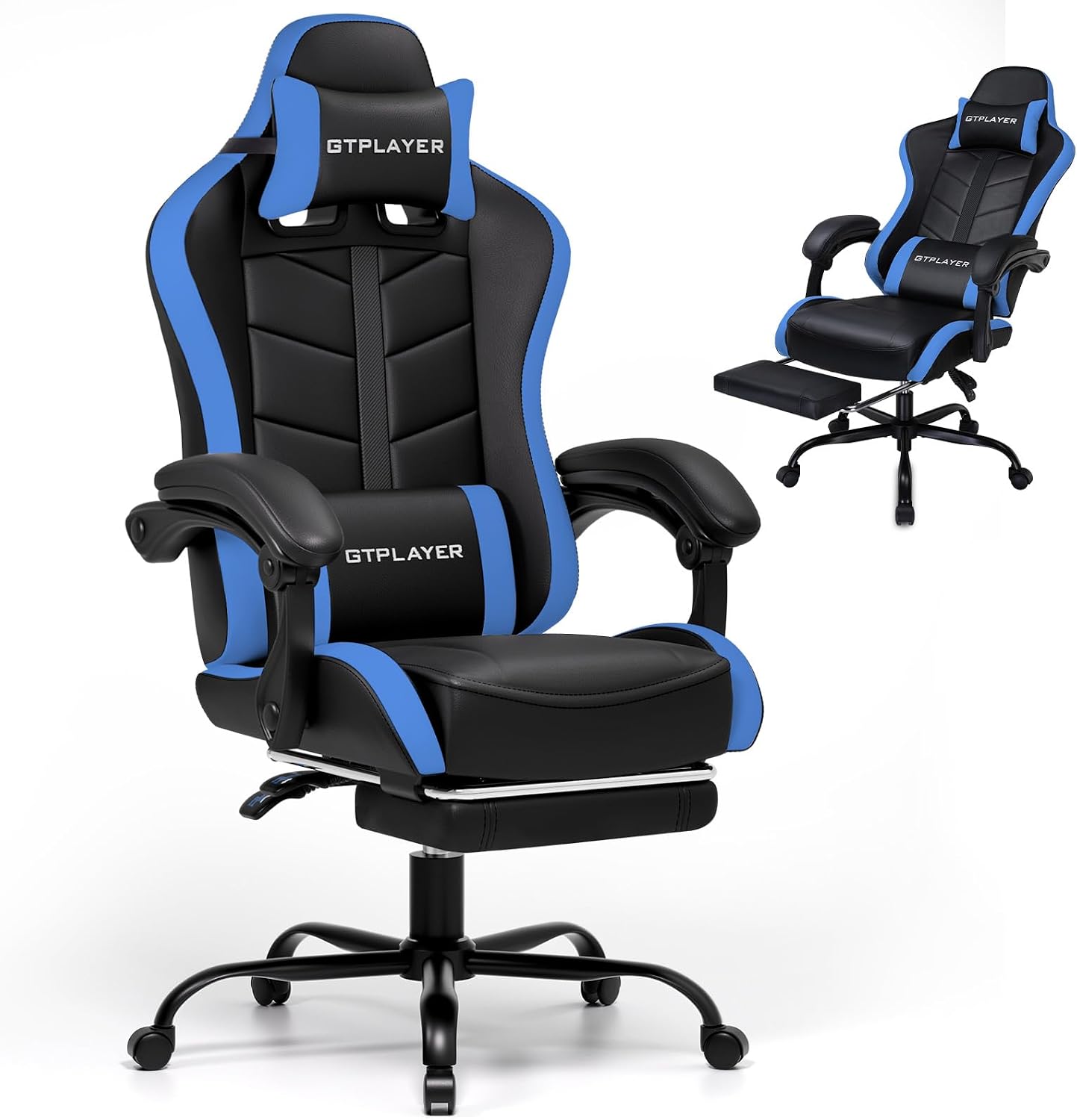 GTPLAYER Gaming Chair Office Chair Gamer Chair Ergonomic Gamer Chair with Footrest Gaming Chair PU Leather PC Chair Widened Backrest 150 kg Blue