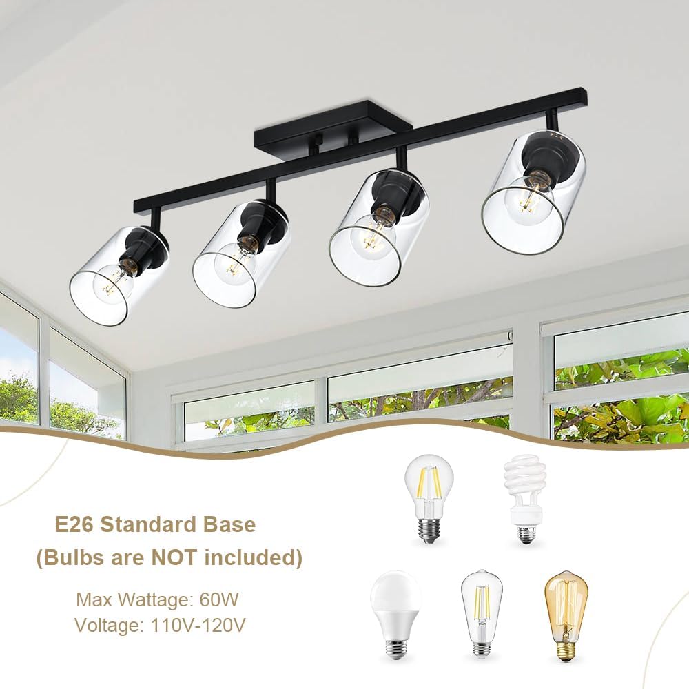 VINLUZ 4 Light Vanity Light Bathroom Fixture with Clear Glass Shade Multi-Directional Rotating Metal Ceiling Spotlight Fixture with Adjustable Track Heads