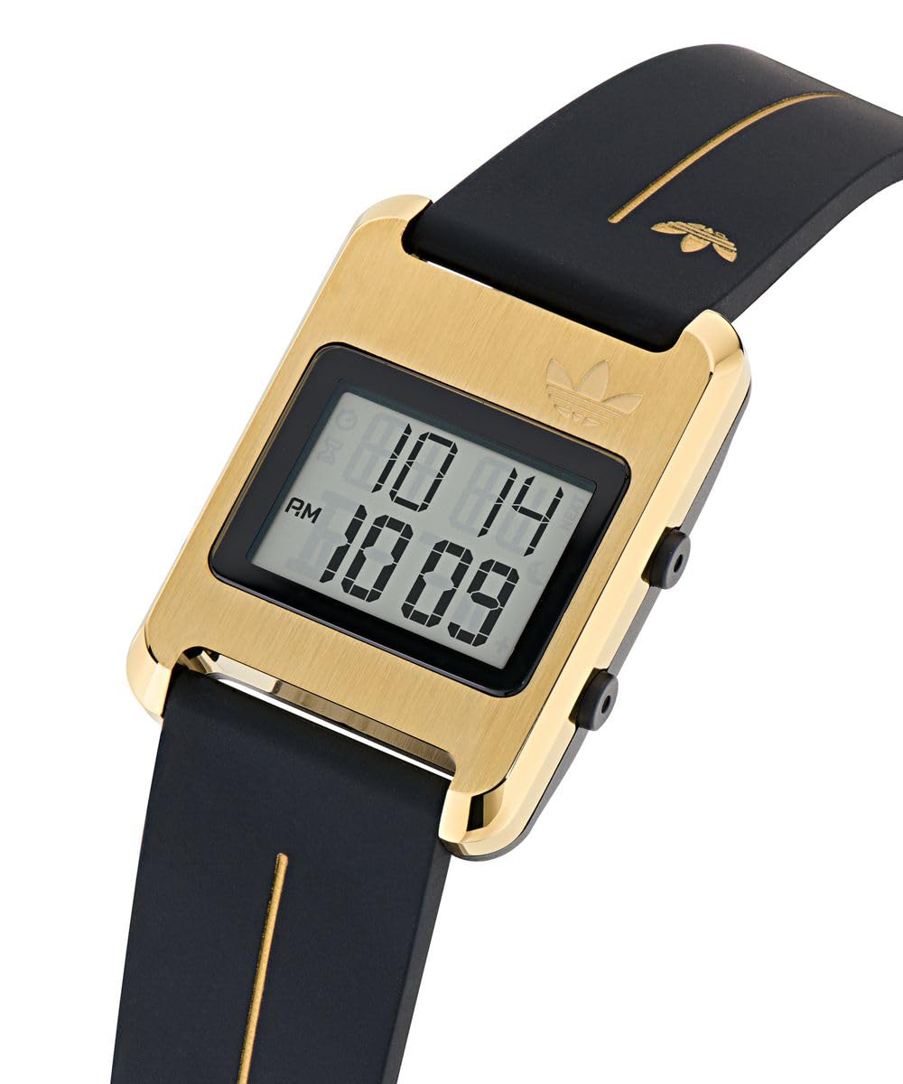 adidas Retro POP Three Unisex Digital Armbanduhr, Quarz, Edelstahl, 31 mm, Silikonarmband, Schwarz, 3 bar, Digital LED-Display, AOST25534