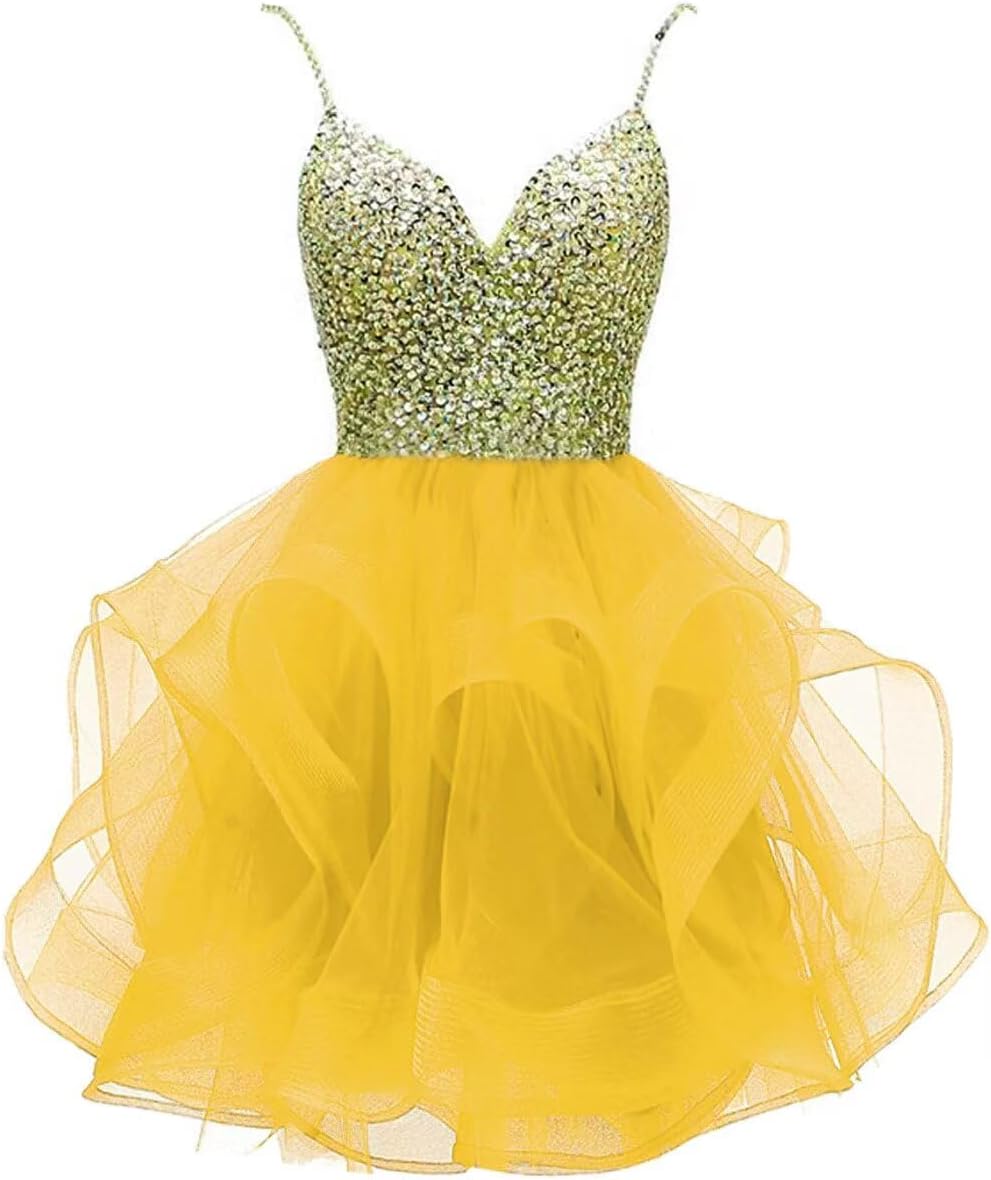 Women's Crystal Beaded Homecoming Dresses Spaghetti Strap for Junior Organza Tiered Short Prom Party Cocktail Gowns