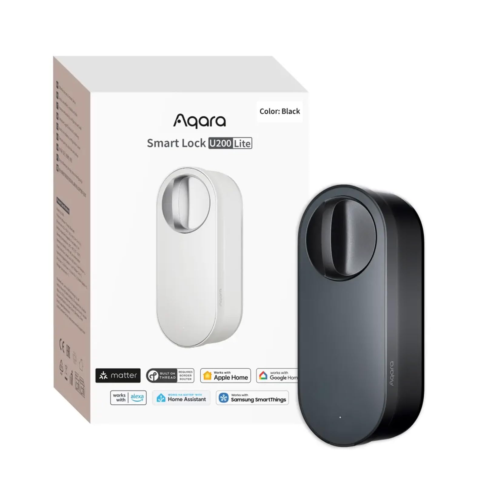 Aqara Smart Lock U200 Lite, Matter over Thread, Smartes Türschloss mit Aufladbarem Akku und Leiser Modus, Elektrisches Türschloss, Unterstützt Apple Home, Home Assistant, Google Home, Alexa, Schwarz