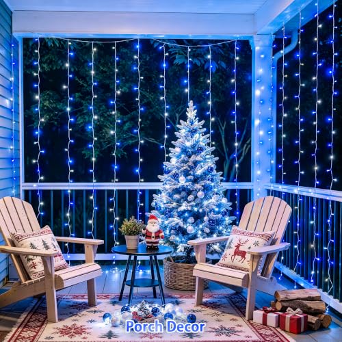Image of JMEXSUSS 200 LED USB Curtain Lights Blue and White | Remote Curtain Christmas Lights, 8 Modes Christmas String Lights for for Bedroom, for Christmas, for Party, 6.5ftx6.5ft