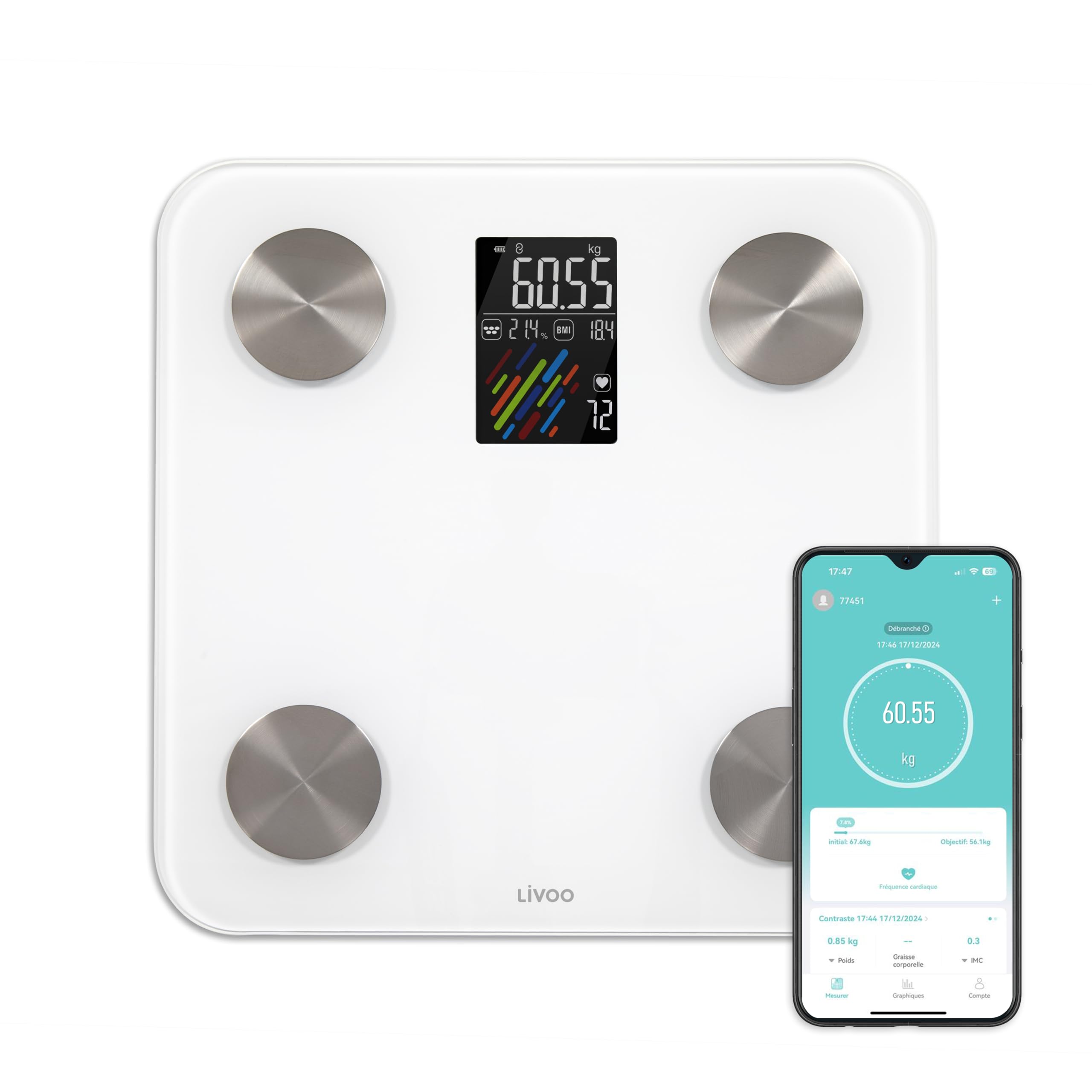 Livoo - Pèse-personne impédancemètre connecté DOM514-20 indicateurs corporels, jusqu'à 180kg, 8 mémoires utilisateur