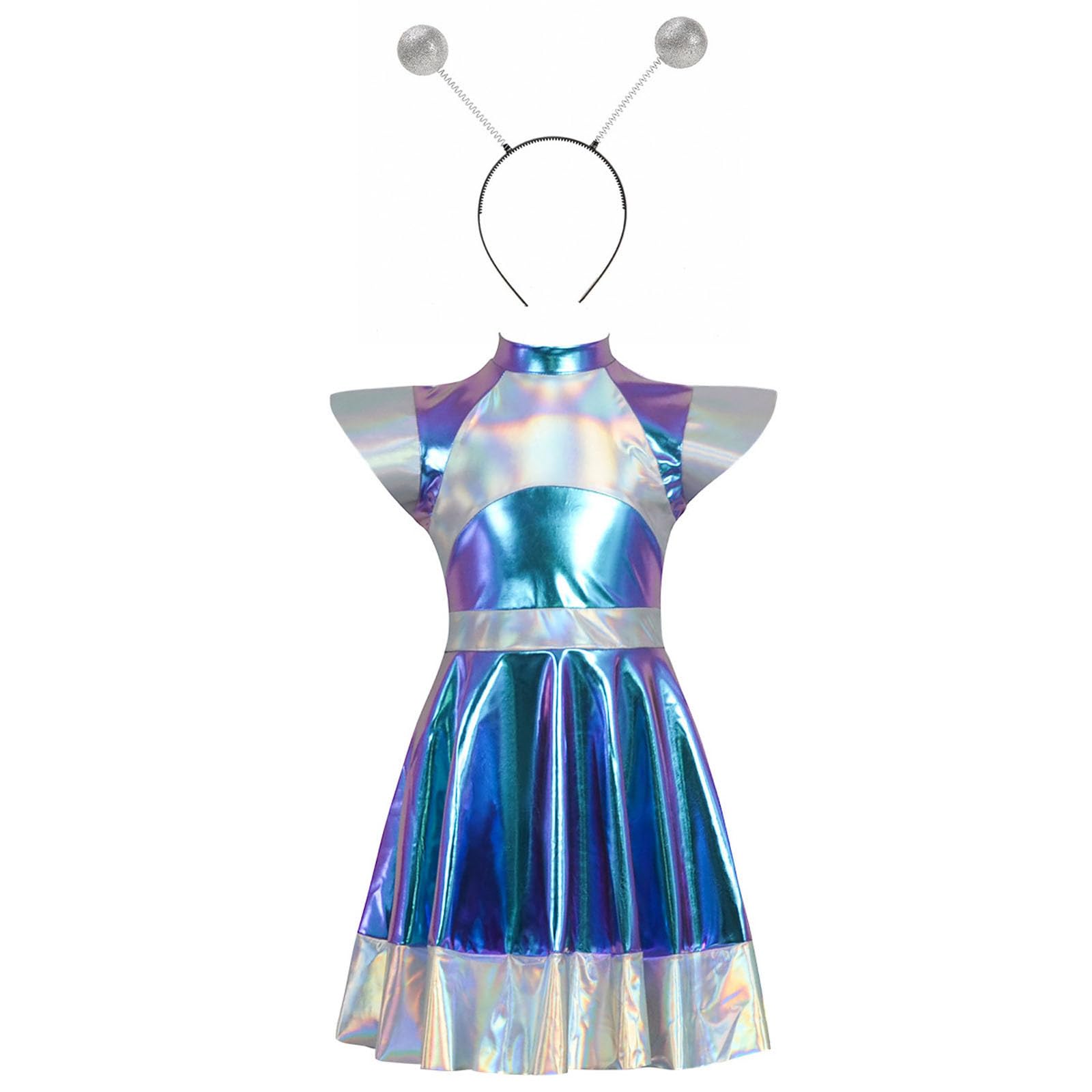 Flodxo Girl Fancy Dress Costume Alien Cosplay Metallic A-Line Dress with Alien Hiar Hoop Robot Dress Up Outfits Casual Funny Novelty Party Performance Kids Dresses Blue 7-8Y