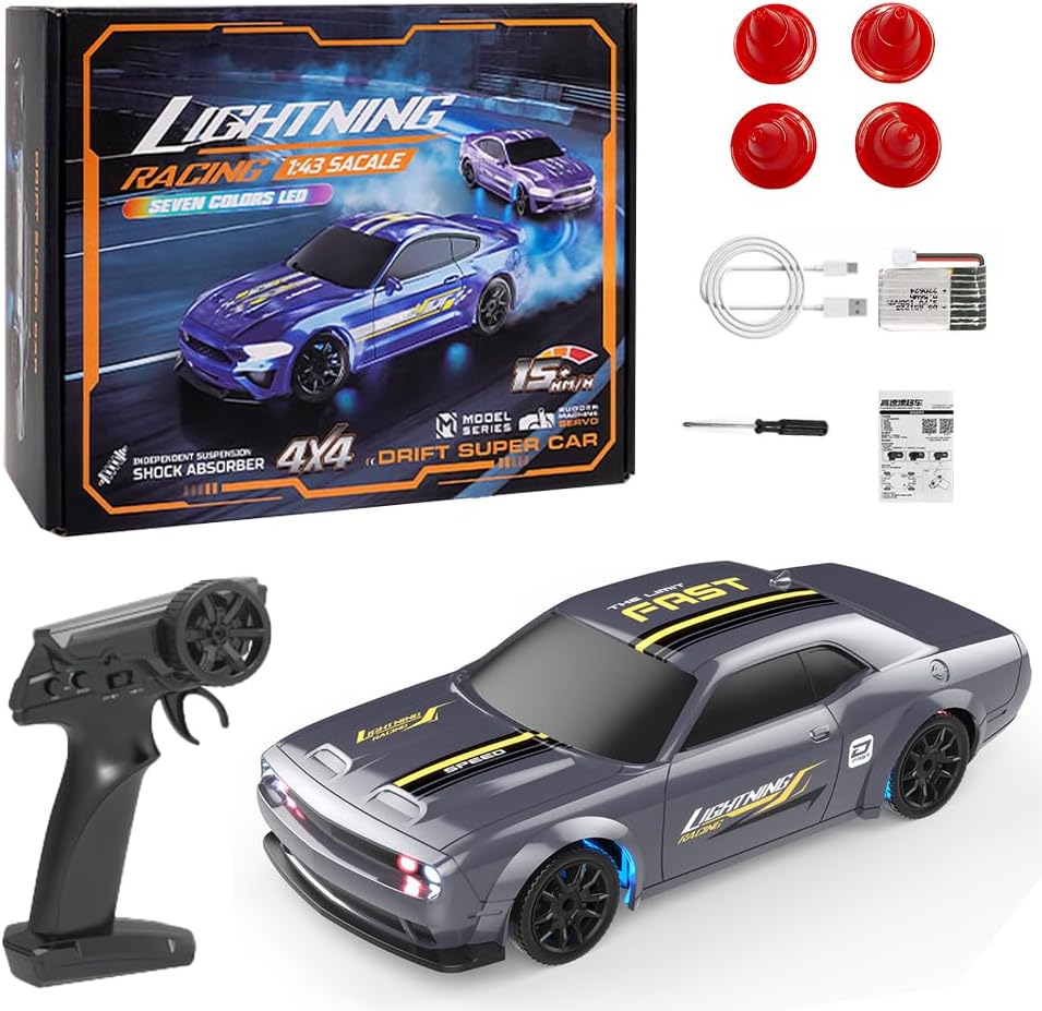 1:43 RC Drift Car, 2.4GHz Remote Control Drift Racing Car, High Speed 4 WD Electric Toy Car with LED Lights for Teen and Adults (Silver Gray)