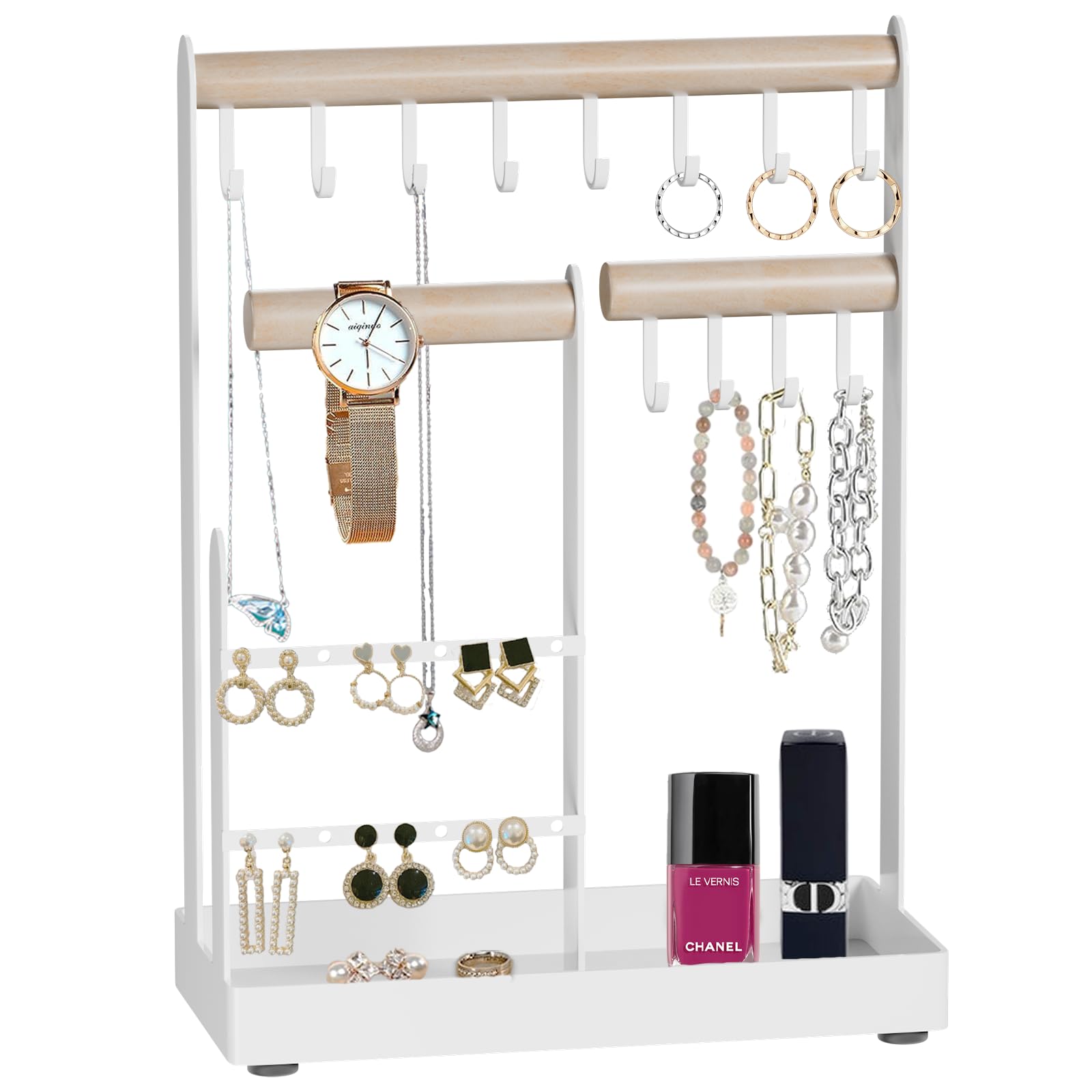 AWLYLNLL Jewelry Organizer Stand Earring Organizer Necklace Holder, 4 Tier Jewelry Stand Necklace Organizer with 12 Hooks, Jewelry Tower Display Rack Storage Tree for Bracelets Earrings Rings(White)