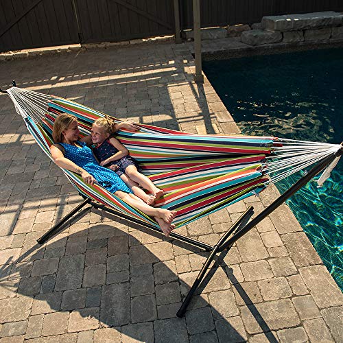 Vivere Double Cotton Hammock with Space Saving Steel Stand, Upgraded Polyester End Strings 450 lb Capacity - Premium Carry Bag Included - (Carousel Confetti)