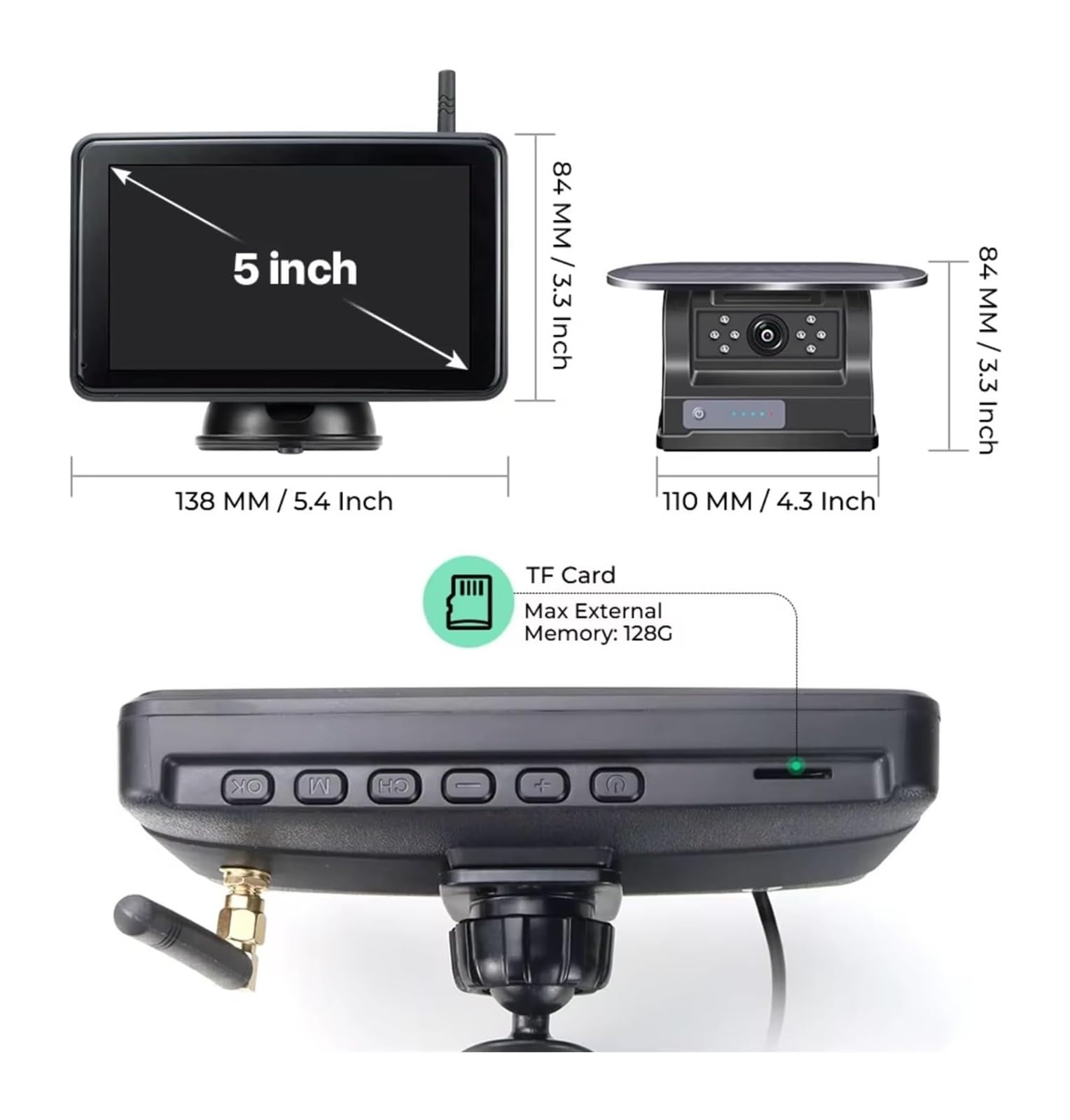 Kit Cámaras Visión Nocturna Infrarrojas Monitor DVR Inalámbrico 5'' Imán Solar para Camiones Autobuses Remolques Autocaravanas Camara Marcha Atras(Monitor Add 2 Camera)