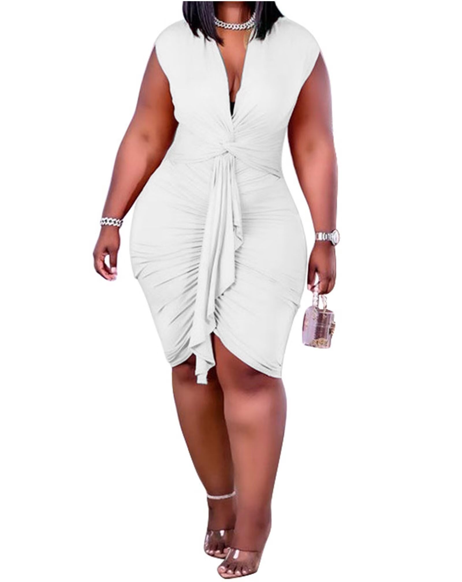 IyMoo Women's Sexy Plus Size Bodycon Drawstring Ruched Mini Club Dress