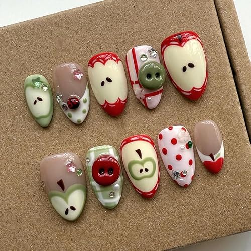plalely Almond Press on Nails Short Cute Apple Print Stick on Nail Tips with Embossed Design Nails Press ons Press on False Nails for Women 24pcs