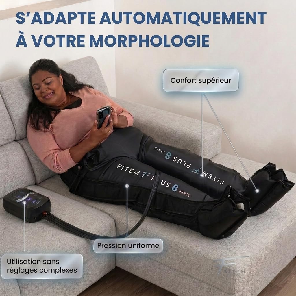 FITEM Pack Pantalon PLUS 8 Drainage Lymphatique Bas du Corps Complet | Jambe lourde, Circulation sanguine jambes, Massage précis 8 chambres, Confort morphologique, SAV français