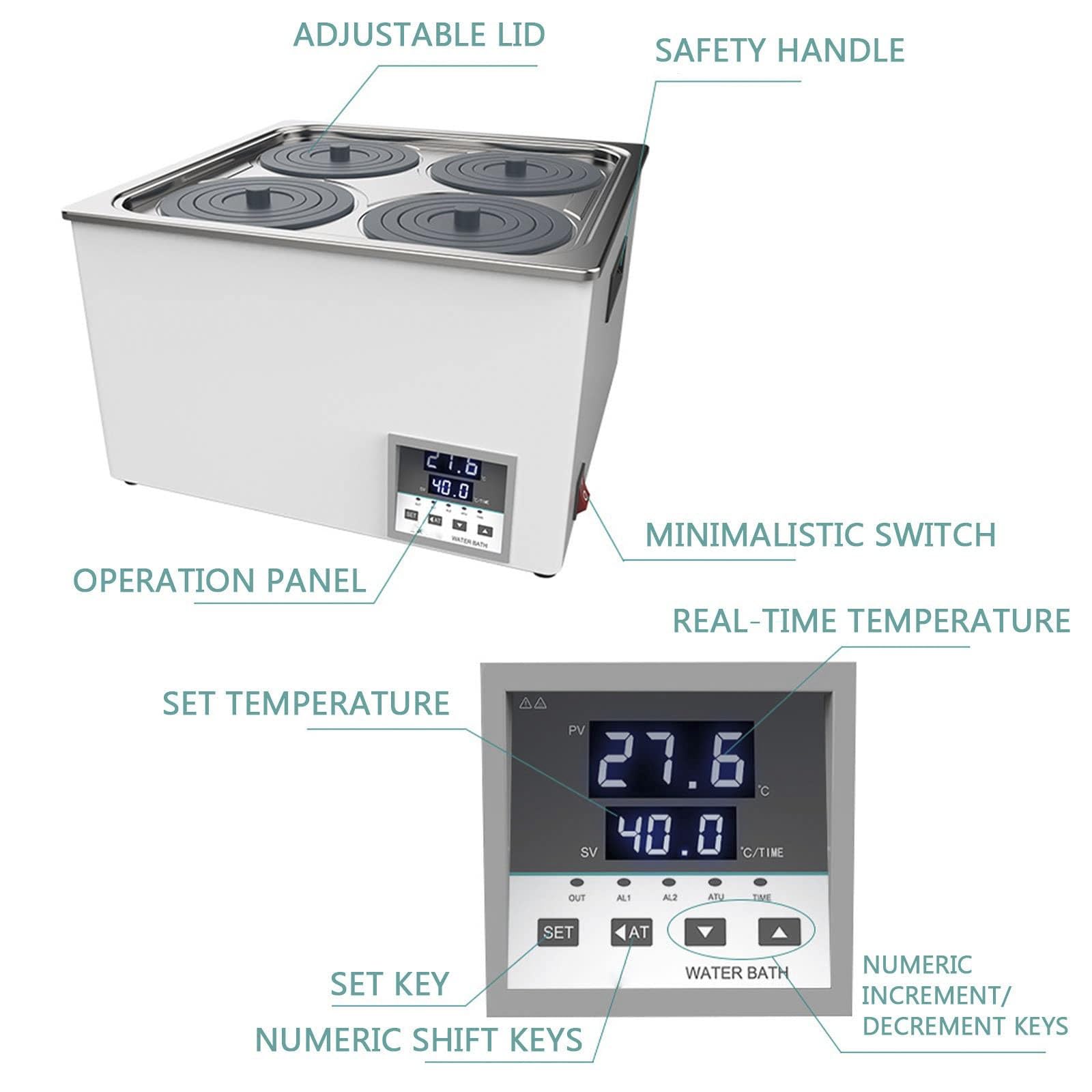 Baño María de laboratorio, calentador digital antisecado, temperatura ambiente - 99,9 °C, con orificio de drenaje + tapa ajustable + soporte impermeable(2 Holes)