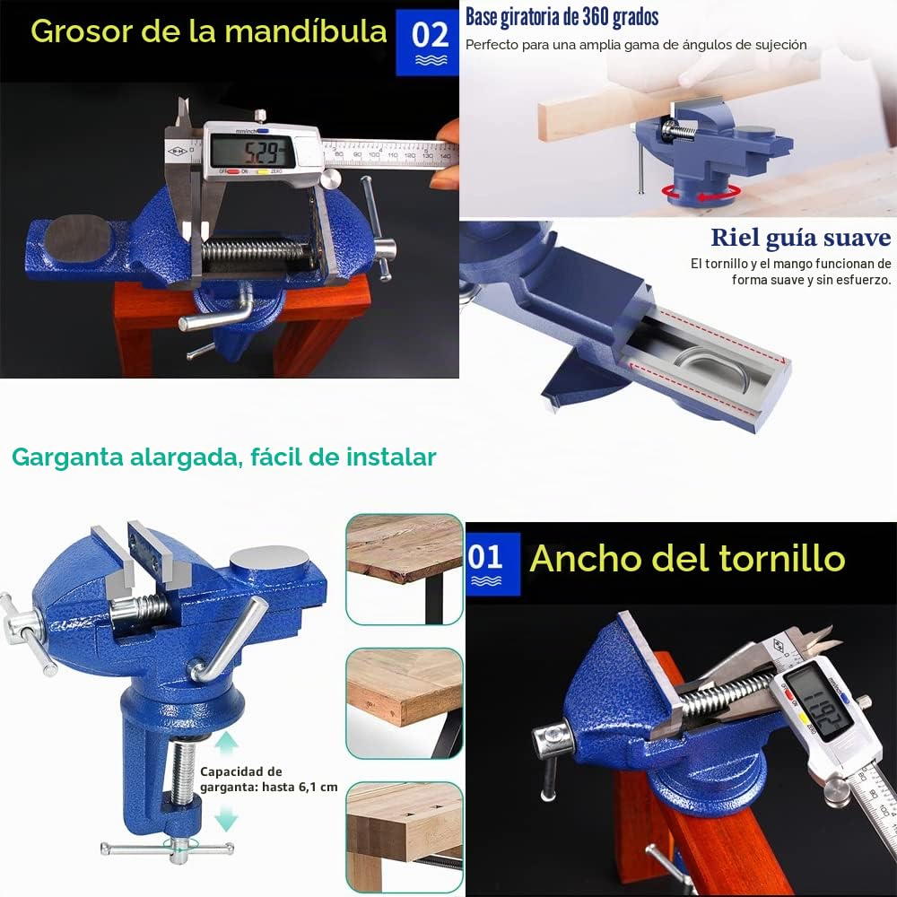 Mini tornillo de banco versátil, tornillo de base giratoria de 360 ° tornillo plano de carpintería 60mm para carpintería, conductos de corte, perforación, metalurgia - azul