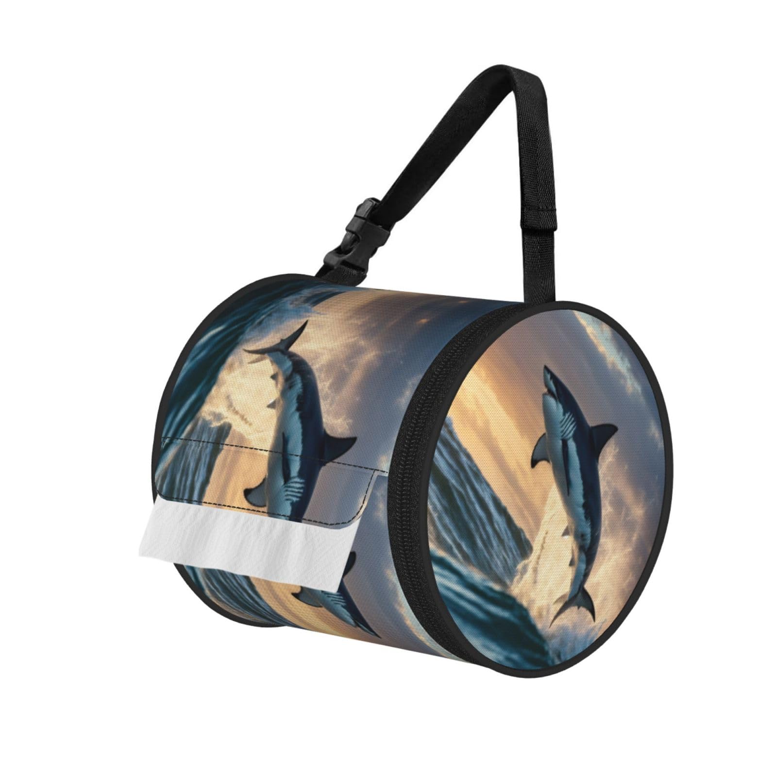 Blue Shark Printed Hanging Tissue Organizer, Smooth Zipper Oxford Cloth Roll Holder for RV Bathroom Desk